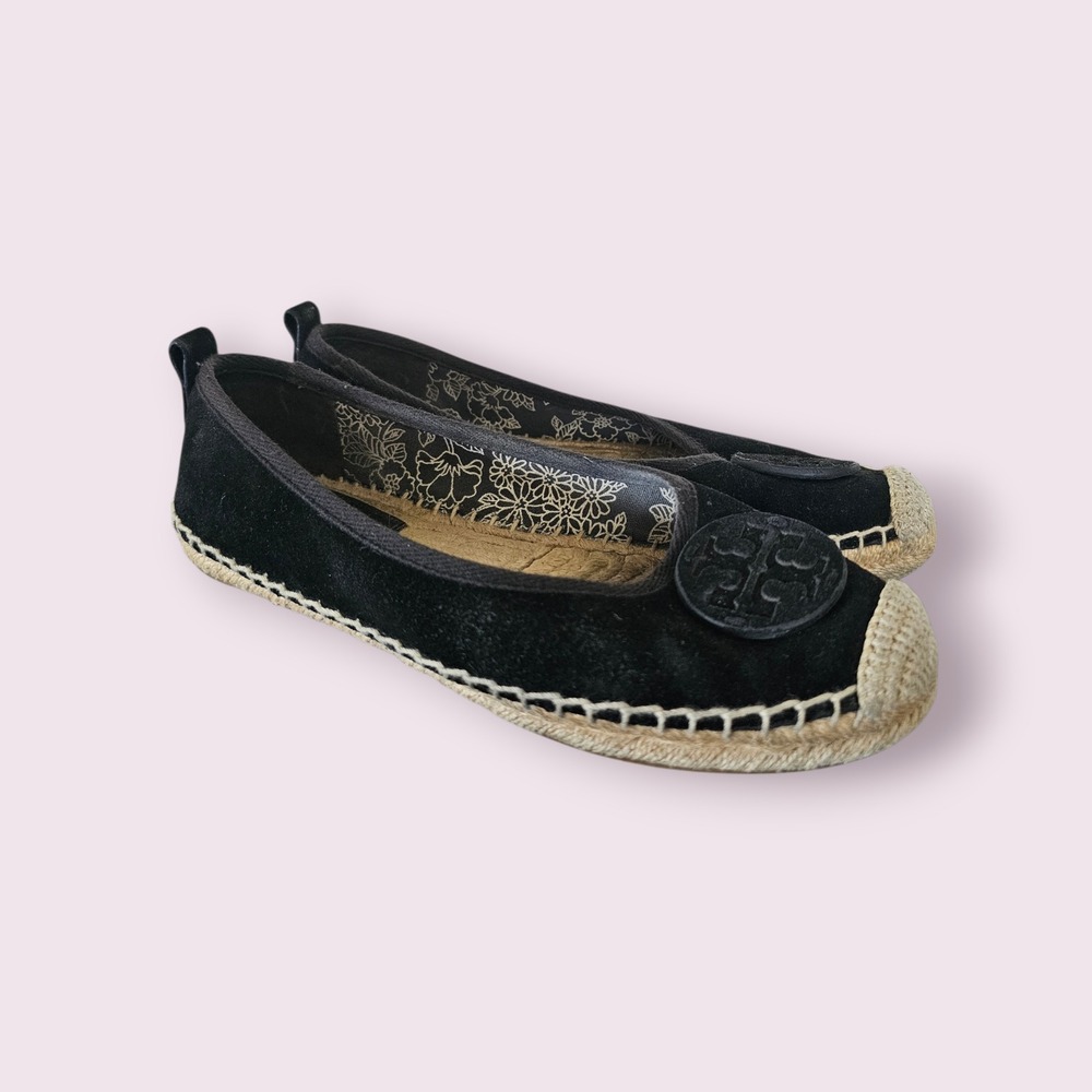 TORY BURCH BLACK SUEDE BOHEMIAN CHIC‎ FLAT CAP TOE ESPADRILLE FLATS SZ 7.5